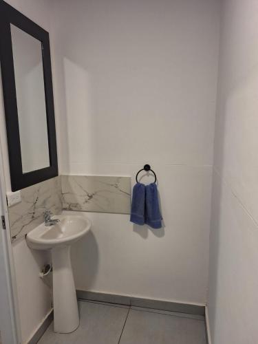 ein weißes Badezimmer mit einem Waschbecken und einem Spiegel in der Unterkunft Casa Kalamary Crespo in Cartagena de Indias