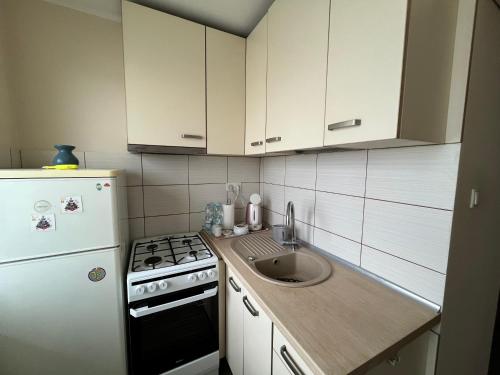 uma cozinha com um lavatório e um frigorífico branco em Ola Apartment em Gdansk