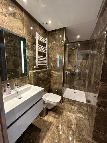a bathroom with a sink and a shower and a toilet at Cosy appartement in La Marsa