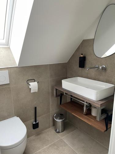 een badkamer met een wastafel, een toilet en een spiegel bij Casa Estella in Rust