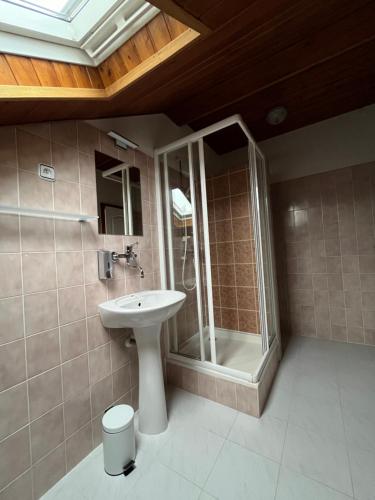 een badkamer met een toilet, een wastafel en een douche bij Penzión D+D in Zázrivá