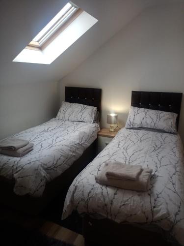 a bedroom with two beds and a skylight at Vic's Apartment in Birmingham