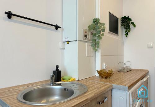 a kitchen with a sink and a counter top at Birch Studio in Gdańsk