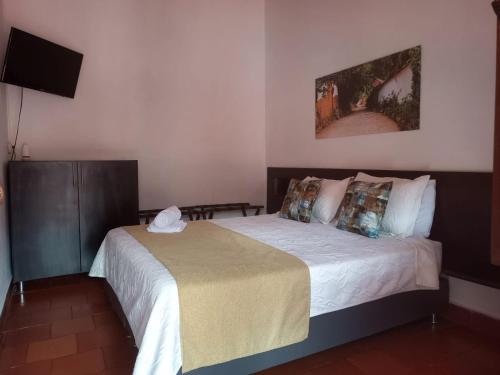 a bedroom with a large bed and a television at Hotel Casa del Marquez de Bahichala in Barichara