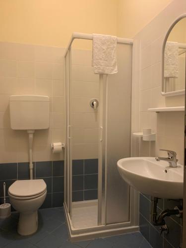チェゼナーティコにあるHotel Majesticのバスルーム(シャワー、トイレ、シンク付)