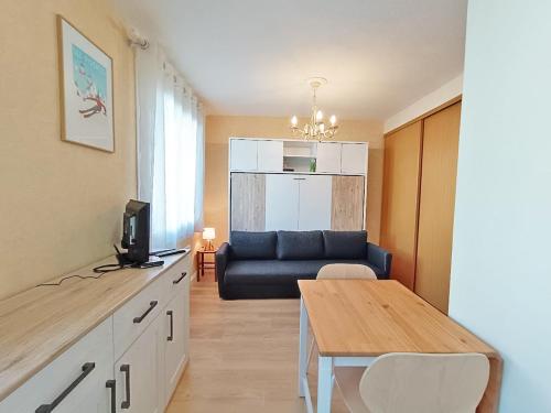 un salon avec un canapé bleu et une table dans l'établissement Les Myrtilles, studio, wifi, cave, 2 personnes, à Luchon