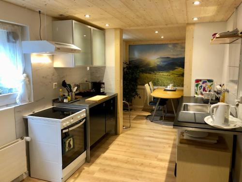 a kitchen with stainless steel appliances and a table at Entzückendes Doppelzimmer in Steffisburg