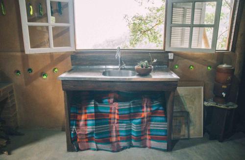uma cozinha com um lavatório com um vaso de plantas em Comunidade Ibipuris em Nova Friburgo