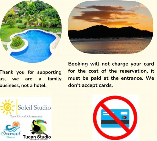 a sign that reads booking will not charge your card for the cost of the reservation at Tucan Studio Ocotal in Coco