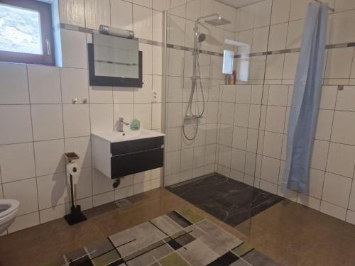 a bathroom with a sink and a shower at CASA ANA Apartament 1 in Câmpulung Moldovenesc