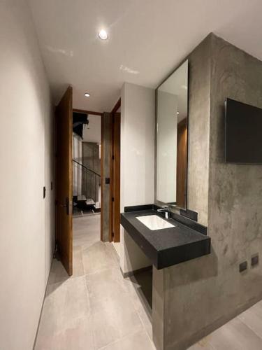 a bathroom with a sink and a large mirror at Casa Valentina Habitación 5 in Aguascalientes