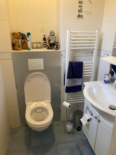 La petite salle de bains est pourvue de toilettes et d'un lavabo. dans l'établissement Domaine de la coqueraine, à Ouistreham