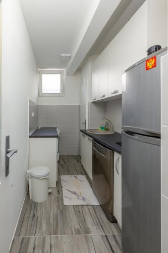 a small kitchen with a refrigerator and a sink at Apartman SERDAR in Cetinje