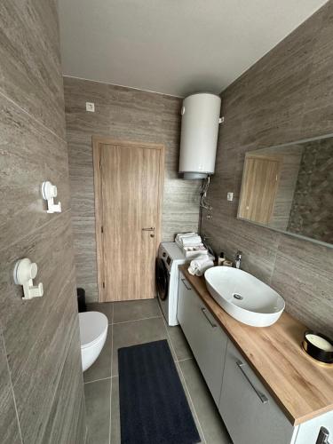 a bathroom with a sink and a toilet and a mirror at Apartment Mila in Ugljan