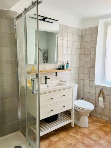 une salle de bain avec une douche, un lavabo et des toilettes dans l'établissement Lou Raspaioun - Coeur du village, à Correns