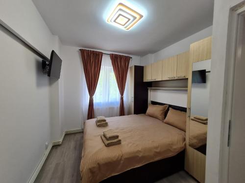 ein kleines Schlafzimmer mit einem Bett und einem Fenster in der Unterkunft Romanescu One Apartament in Craiova