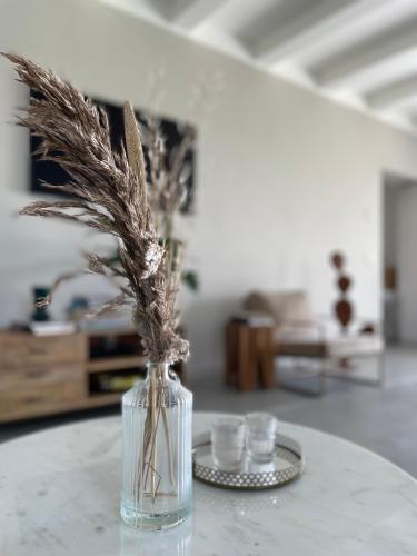 a glass vase with dried grass in it on a table at El Patio in San Vito Rimini