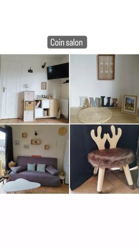 un collage de trois photos d'une pièce dans l'établissement Chaleureux Chalet Lac Roussinas, à Anglès