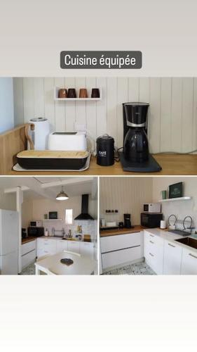 une cuisine avec des armoires blanches et une cafetière dans l'établissement Chaleureux Chalet Lac Roussinas, à Anglès