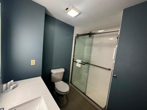 uma casa de banho com um WC e uma cabina de duche em vidro. em Wingate by Wyndham College Station TX em College Station