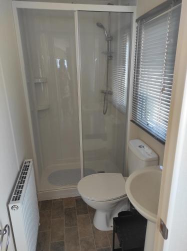 y baño con ducha, aseo y lavamanos. en Torbay Holiday Home at The Waterside Holiday Park - With Deck and Sea View en Torquay