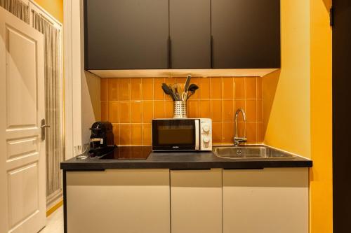 une cuisine avec un évier et un micro-ondes dans l'établissement Deluxe SPA suite caramel sweetness, à Melun