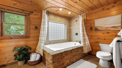 ブルーリッジにあるOverlook Cabinの丸太小屋にあるバスタブとトイレ付きのバスルーム