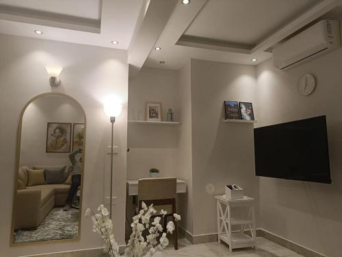ستوديو للاقامة الفندقيةالمتميزة بالزمالك في القاهرة: غرفة معيشة مع أريكة وتلفزيون ومرآة