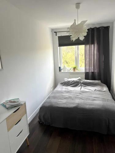 Un dormitorio con una cama y una cómoda y una ventana. en Apartament przy Browarze, en Olsztyn