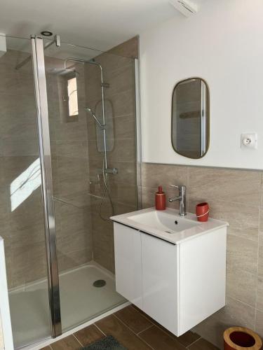 a bathroom with a shower and a sink at Cocon à quelques minutes des plages du Roussillon in Saint-Nazaire