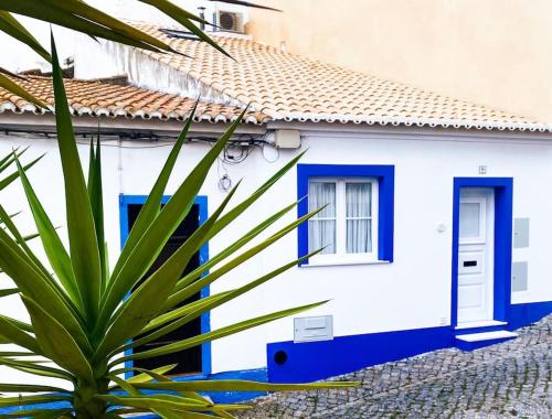 ein weißes Haus mit blauen Fenstern und einer Pflanze in der Unterkunft 57 Bee OLD TOWN Lagos - house near beach & Marina in Lagos