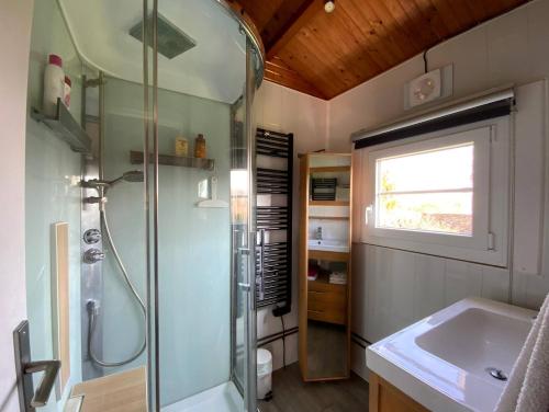 une salle de bain avec douche et lavabo dans l'établissement Chalet à 50m de la mer - Gold Beach Cottage, à Ver-sur-Mer