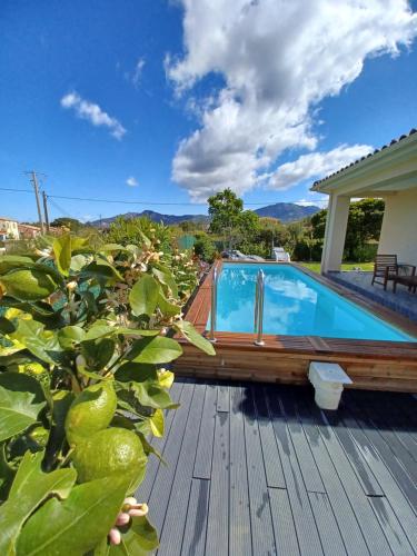 - une piscine sur une terrasse en bois à côté d'une maison dans l'établissement maison cosy climatisée avec piscine et jardin, à Calenzana