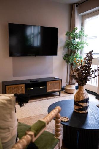 a living room with a tv and a cat sitting on a couch at Turkish Baths Retreat, City Centre in Sheffield