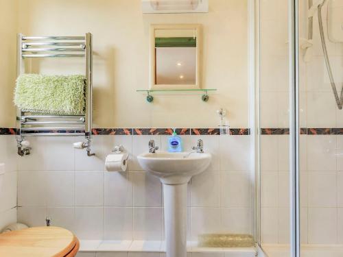 uma casa de banho com um lavatório e um chuveiro em Foxglove Lodge em Holsworthy