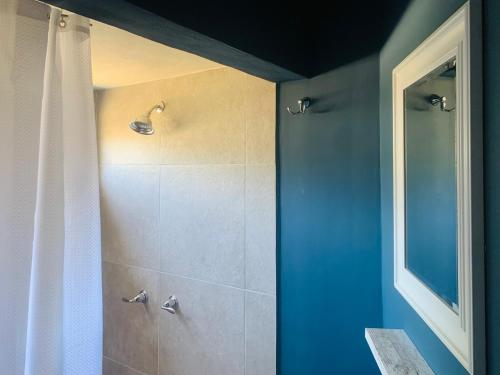 baño con ducha con pared azul en Estudio Casa Marieta, en Ensenada