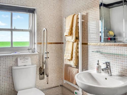 a bathroom with a toilet and a sink and a window at The Old School House in Sunk Island