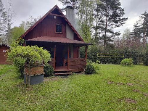 una pequeña casa de madera en un campo con patio en Klimatyczny domek w lesie przy jeziorze en Gietrzwałd