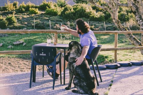 a person sitting at a table with a dog at As Fuebas de Patricio in Vío