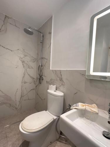 La salle de bains blanche est pourvue de toilettes et d'un lavabo. dans l'établissement Rooms in luxurious apartment in Old town of Tunis, near Medina, à Tunis