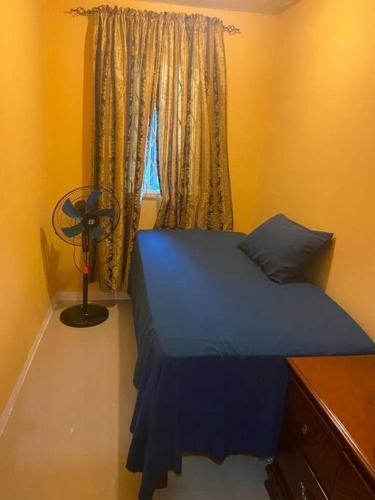 a bedroom with a blue bed and a window at Cozy Villa in Old Harbour