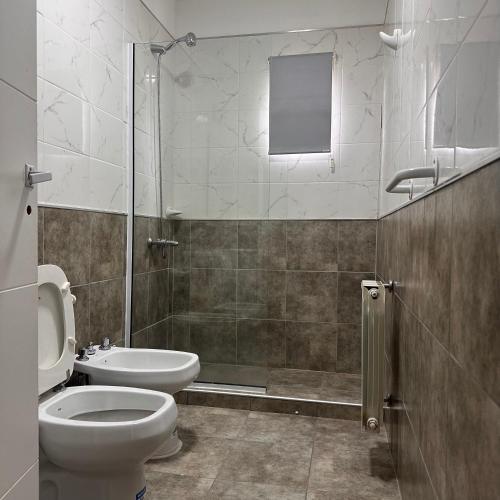W łazience znajduje się toaleta, umywalka i prysznic. w obiekcie Femiba w mieście El Calafate