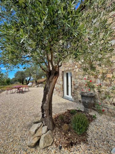 a tree in front of a stone building at Torre Scribanti in Sestri Levante
