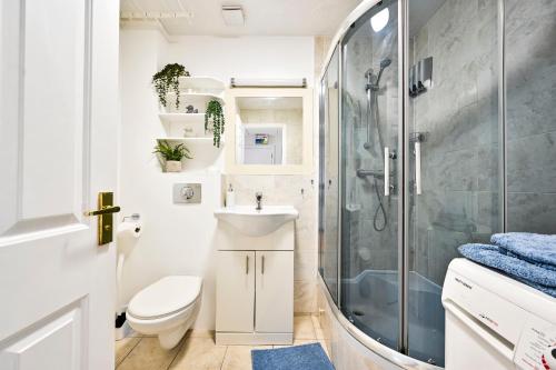 e bagno con doccia, servizi igienici e lavandino. di River views from Canary Wharf a Londra