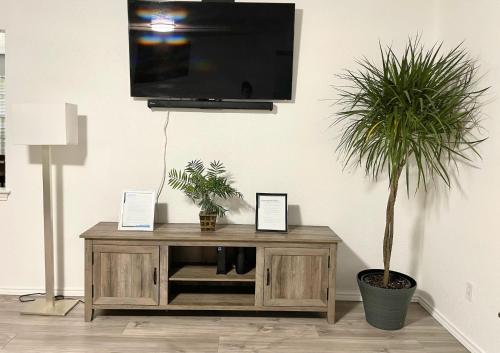a wooden entertainment center with a tv and a plant at Private room Plano in Plano