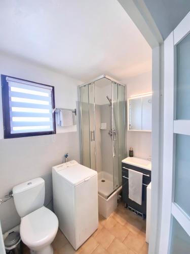 une salle de bain blanche avec toilettes et douche dans l'établissement Appartement T2 vue exceptionnelle CARNON-PLAGE, à Carnon-Plage
