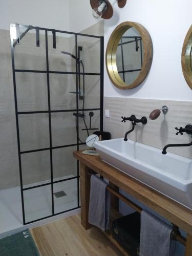 une salle de bain avec un lavabo et un miroir dans l'établissement A la maison du bonheur, à Lanty-sur-Aube