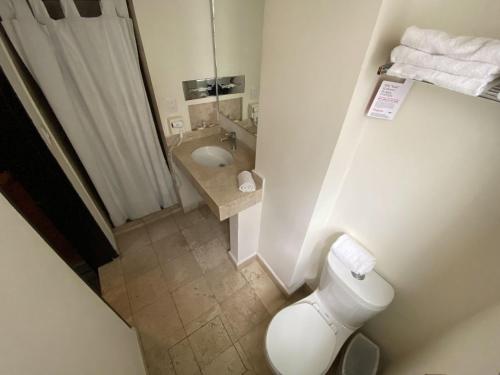 a small bathroom with a toilet and a sink at Ramada Plaza by Wyndham Leon in León