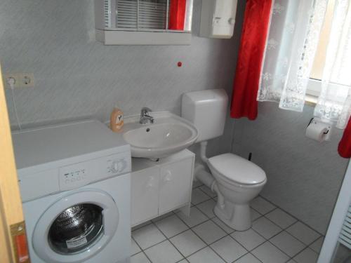 a bathroom with a washing machine and a sink at Kinderfreundliches-Ferienhaus-mit-grosser-Spielwiese in Marktgraitz