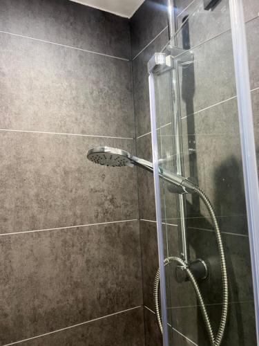 a shower with a glass door in a bathroom at Ashfield New Place in Newcastle under Lyme